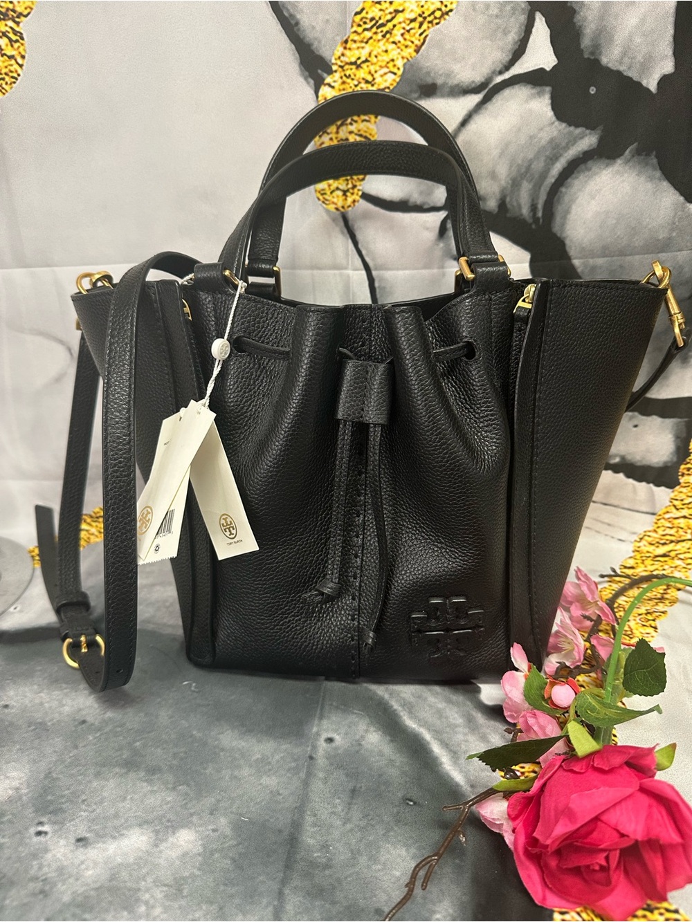 Tory Burch McGraw Black Pebbled Leather Drawstring Tote Small